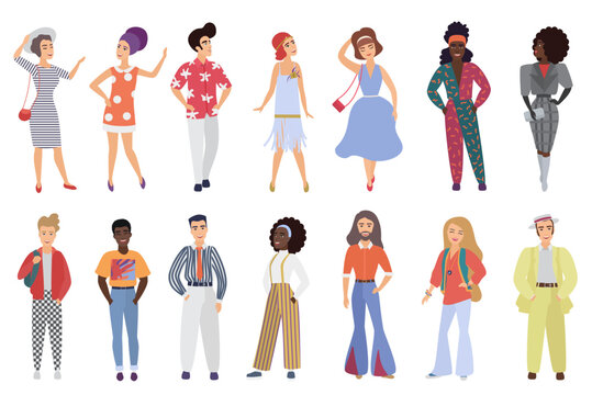 Set of young men and women wearing retro disco party clothes in 60s, 70s 80s  style isolated on white background vector illustration. Stock Vector |  Adobe Stock