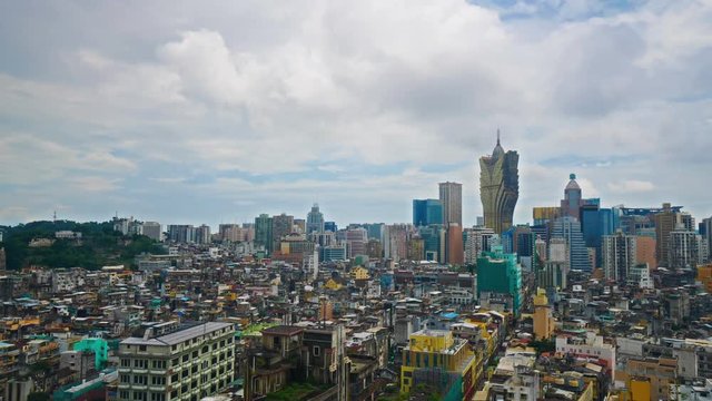 Macau China Daylight Cityscape Timelapse With Clouds Skyline Traffic Buildings And Grand Lisboa Skyscraper in Center