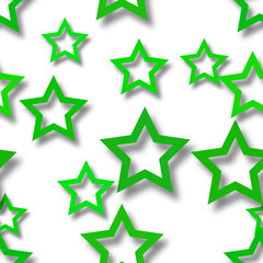 Abstract seamless pattern of randomly arranged green stars with soft shadows on white background