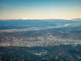 Aerial View of Downtown Portland With Snowed Peak in the Background