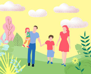 Hello summer. Family with kids walking in city park or forest.
