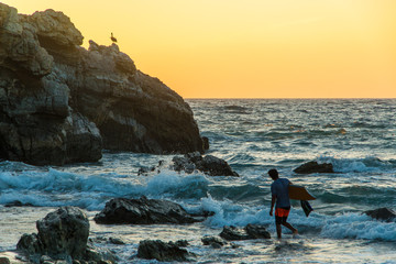 Bodyboardeur en couché de soleil avec un pélican sur une falaise en fond, Puerto Escondido, Oaxaca, Mexique.