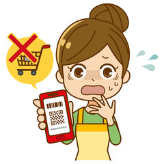 バーコード決済をする女性　焦る