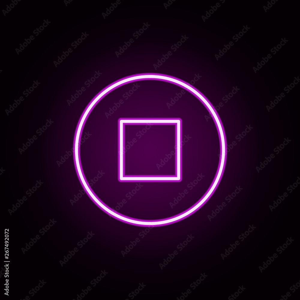 Poster stop circular button neon icon. elements of minimal universal theme set. simple icon for websites, w