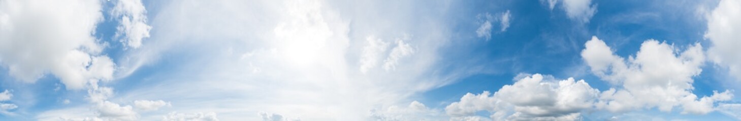 Panorama of clear blue sky with white cloud background. Clearing day and Good weather in the morning.