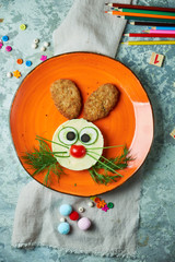 Kids menu, cutlets with mashed potatoes in the form 