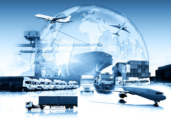 Global business of Container Cargo freight train for Business logistics concept, Air cargo trucking, Rail transportation and maritime shipping, Online goods orders worldwide