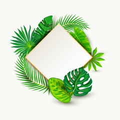 Fototapeta na wymiar Green summer tropical background with exotic leaves, paper sheet wuth golden frame. Place for text. Vector illustration for poster, web, flyers, party invitation, sale, ecological concept, wedding.