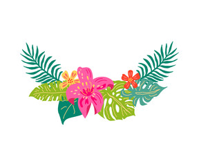 Tropical exotic flowers and leaves. Hand drawn sketch style vector illustration isolated on white background. Flat style design element for poster, banner, party invitation, summer concept.