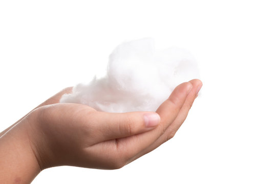 Girl hand hold cotton wool isolate on white background