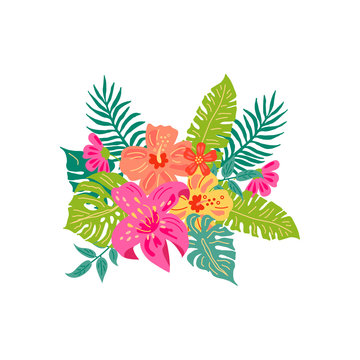 Tropical exotic flowers and leaves. Hand drawn sketch style vector illustration isolated on white background. Flat style design element for poster, banner, party invitation, summer concept.