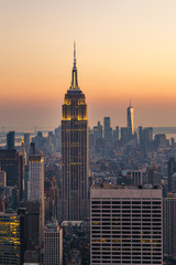 New York City Skyline with Urban Skyscrapers at Sunset, USA