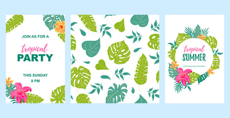 Fototapeta na wymiar Hand drawn sketch style jungle flowers and exotic leaves. Vector set with temlates and seamless pattern. Tropical background for vacation, poster, banner, flyer, invitation, party. Flat style design.