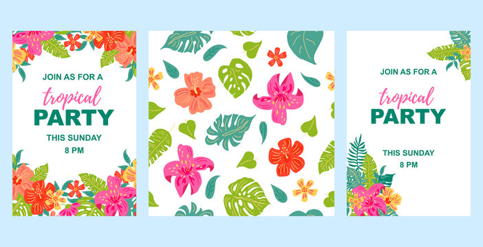 Hand drawn sketch style jungle flowers and exotic leaves. Vector set with temlates and seamless pattern. Tropical background for vacation, poster, banner, flyer, invitation, party. Flat style design.
