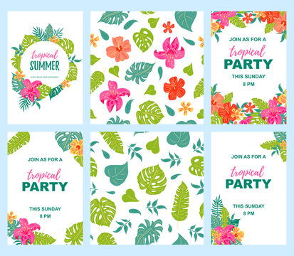 Hand drawn sketch style jungle flowers and exotic leaves. Vector set with temlates and seamless pattern. Tropical background for vacation, poster, banner, flyer, invitation, party. Flat style design.