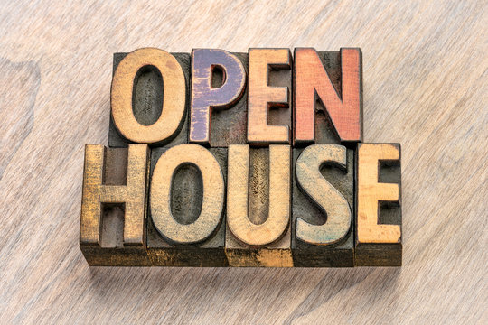 open house word abstract in wood type