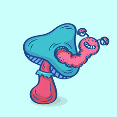 Mushroom vector illustration. Cartoon hand drawn the worm come out from mushroom. Mushroom clipart for sticker and gaming element design.