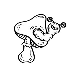 Mushroom vector illustration. Cartoon hand drawn the worm come out from mushroom. Mushroom clipart for sticker and gaming element design.