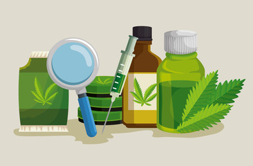 cannabis bag seeds with syringe and medicine oil bottles