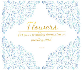 Wreath of roses or peonies flowers with violet, yellow and pink colors. Floral Frame design elements for your wedding invitation and greeting card. Hand drawn vector illustration. Line art. Sketch.