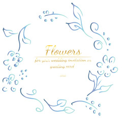 Wreath of roses or peonies flowers with violet, yellow and pink colors. Floral Frame design elements for your wedding invitation and greeting card. Hand drawn vector illustration. Line art. Sketch.