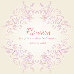 Wreath of roses or peonies flowers branches with pink, purple and coral colors. Floral frame design elements for wedding invitation and greeting card. Hand drawn. Line art. Sketch