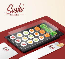 Takeaway sushi set with tray, chopsticks and napkin on red table : Vector Illustration