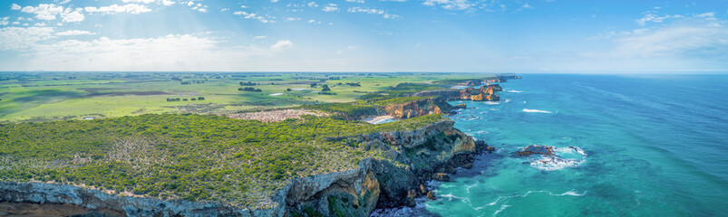 Fototapeta na wymiar Wide aerial panorama of ocean coastline and countryside near Great Ocean Road, Victoria, Australia