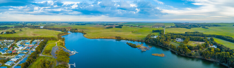 Fototapeta na wymiar Hopkins River and grasslands - scenic aerial panorama. Warrnambool, Australia