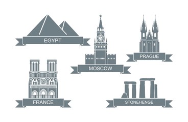 World architectural attractions. Stylized flat icons. Landmarks of Moscow, Prague, Egypt, Paris, England