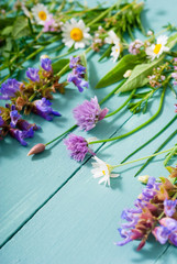 herbal flowers on blue wooden table background