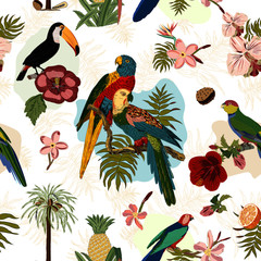 Ce modèle vectoriel continu présente des perroquets d& 39 oiseaux tropicaux, des toucans et des fleurs, des arbres, des plantes. Vous pouvez l& 39 utiliser comme motif de répétition pour le tissu, le papier peint, le papier d& 39 emballage et d& 39 autres