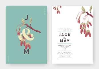 Minimalist botanical wedding invitation card template design, Red maple seeds with lettering on blue, pastel vintage theme