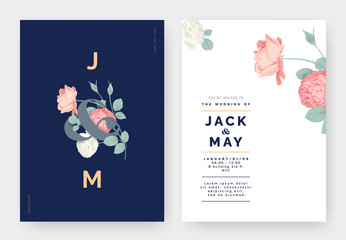 Fototapeta na wymiar Minimalist botanical wedding invitation card template design, pink and white roses with lettering on dark blue, pastel vintage theme