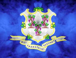 The national flag of the US state Connecticut in against a gray smoke on the day of independence in different colors of blue red and yellow. Political and religious disputes, customs and delivery.