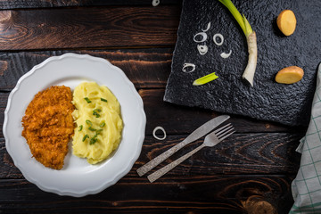 Chicken steak or schnitzel with mashed potatoes