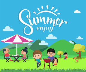 Obraz na płótnie Canvas Enjoy Summer, Happy family picnic in outdoor modern flat style vector illustration.