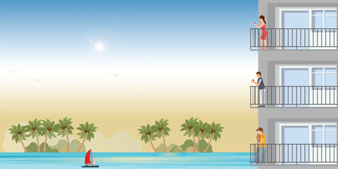 Obraz premium Modern Apartment on beach with resting peoplein sunset.