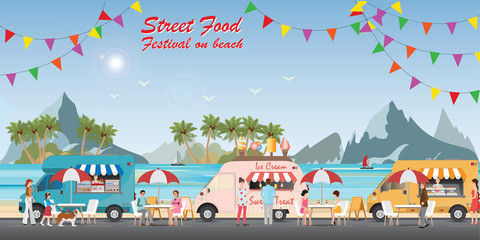 Street food truck festival on beach.