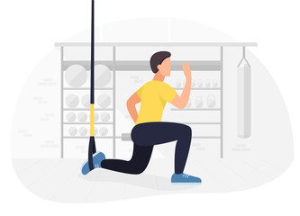 Fit man working out on trx doing bodyweight exercises. Fitness strength training workout.
