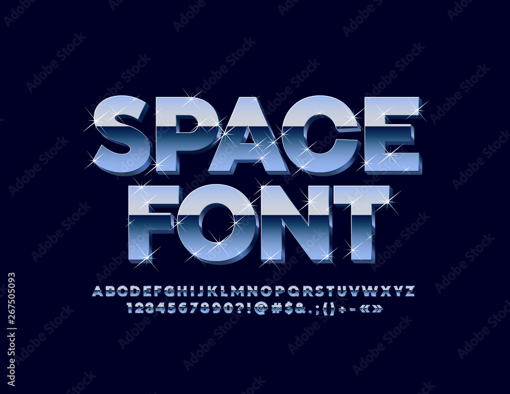 Poster vector space font with stars. sparkling 3d alphabet. set of metallic letters, numbers and symbols