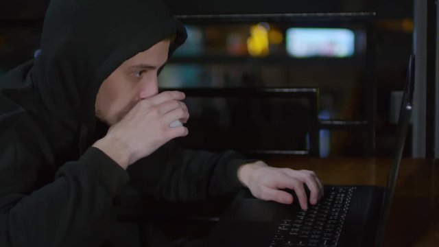 Young hooded man sitting in caf&eacute; at laptop, typing software code and drinking tea from tea cup