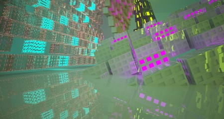 Abstract  Concrete Futuristic Sci-Fi interior With Pink, Blue And Yellow Glowing Neon Tubes . 3D illustration and rendering.