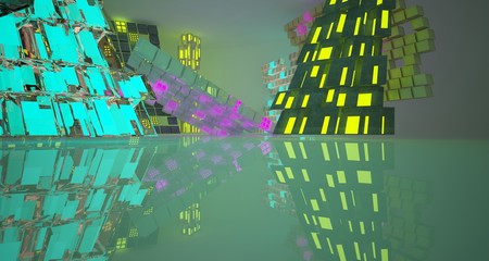 Abstract  Concrete Futuristic Sci-Fi interior With Pink, Blue And Yellow Glowing Neon Tubes . 3D illustration and rendering.