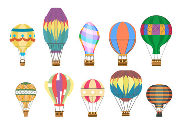 Naklejka premium Aerostat air balloon flight travel basket retro airship cartoon isolated on white icons set cartoon flat design vector illustration
