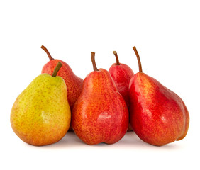 A set of several bright red ripe delicious pears on a white background