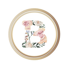 Floral alphabet E of romance greeting card and flower and leaf vector with circle wooden flame.