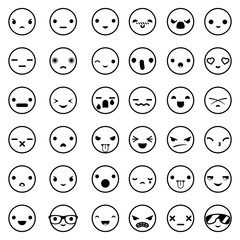 Lineart cute emoticon smile emoji icons set isolated on white outline cartoon design vector illustration