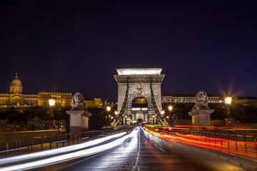 Budapest's Chain Bridge and traffic at night