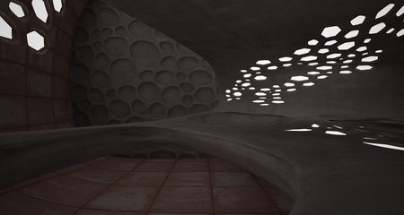 Obraz premium Empty smooth abstract room interior of sheets rusted metal. Architectural background. Night view of the illuminated. 3D illustration and rendering